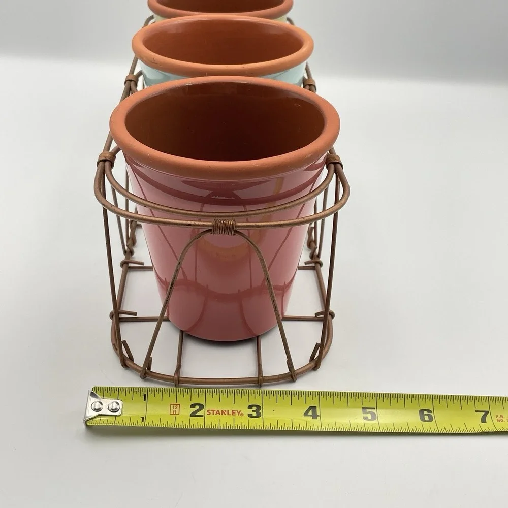 Bath &‎ Body Works Ceramic Flower Pots Planters Set of 3 w/ Metal Wire Caddy